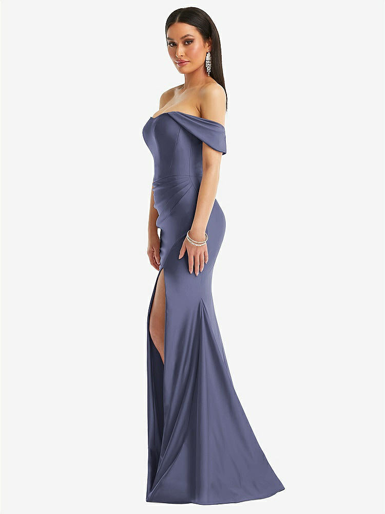 【STYLE: CS101】Off-the-Shoulder Corset Stretch Satin Mermaid Dress with Slight Train【COLOR: French Blue】