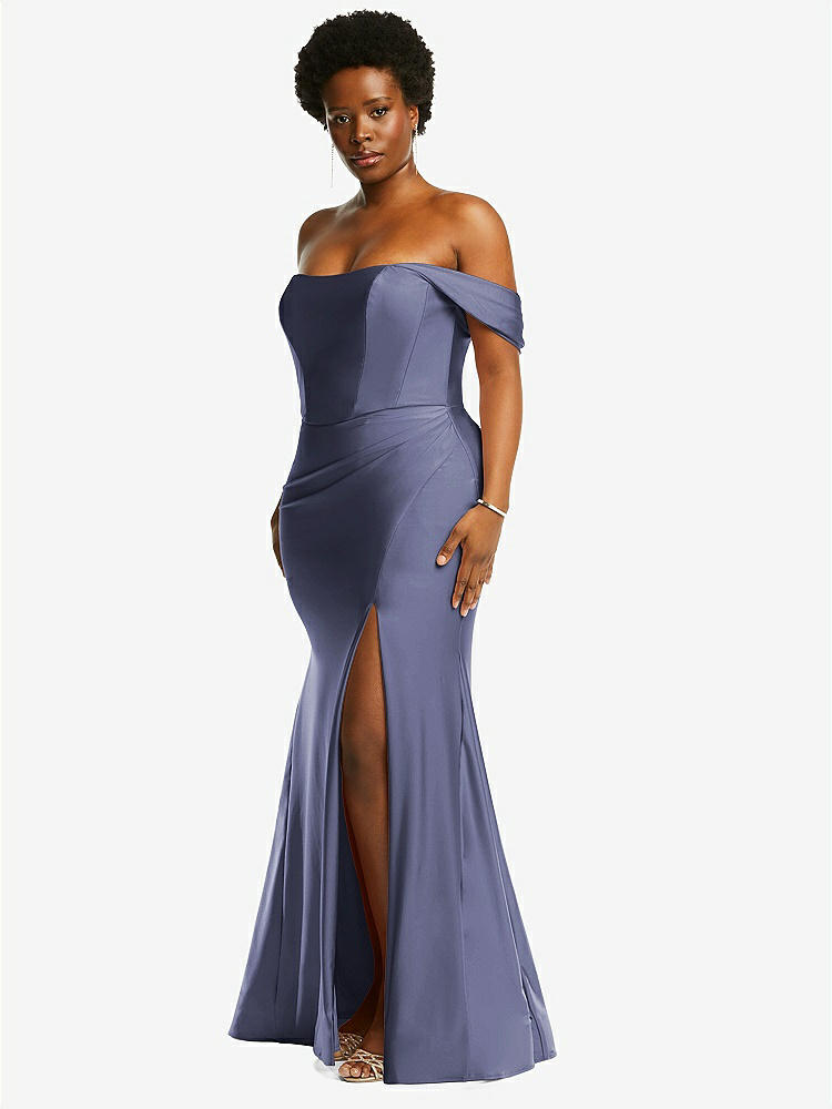 【STYLE: CS101】Off-the-Shoulder Corset Stretch Satin Mermaid Dress with Slight Train【COLOR: French Blue】