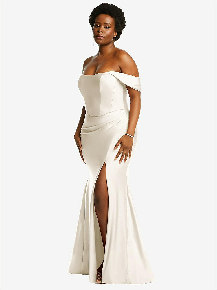 【NEW】【STYLE: CS101】オフサルダー コルセット ストレッチ サテン 人魚 ドレス わずかな 電車【COLOR: Ivory】【SIZE: 00-30W】