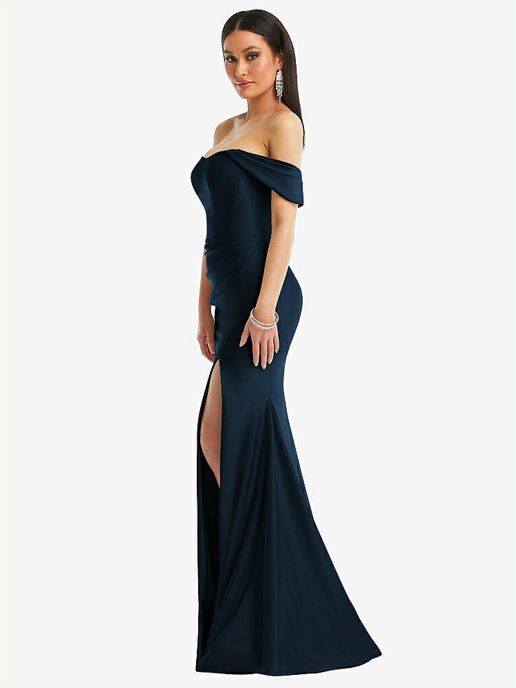 【STYLE: CS101】Off-the-Shoulder Corset Stretch Satin Mermaid Dress with Slight Train【COLOR: Midnight Navy】