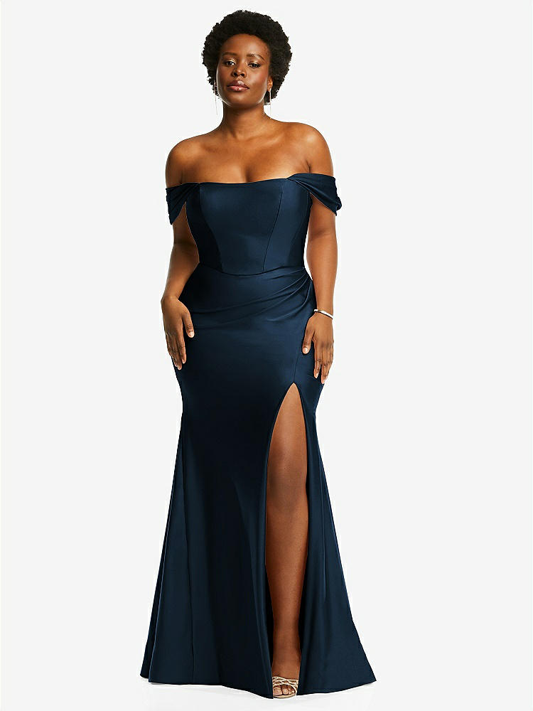 【STYLE: CS101】Off-the-Shoulder Corset Stretch Satin Mermaid Dress with Slight Train【COLOR: Midnight Navy】