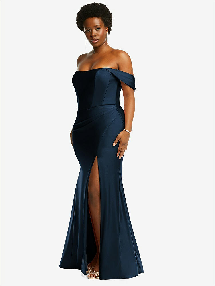 【STYLE: CS101】Off-the-Shoulder Corset Stretch Satin Mermaid Dress with Slight Train【COLOR: Midnight Navy】