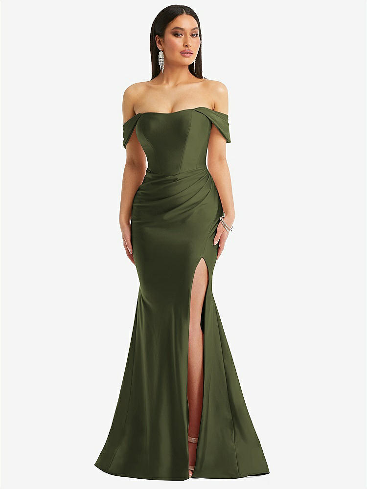 【STYLE: CS101】Off-the-Shoulder Corset Stretch Satin Mermaid Dress with Slight Train【COLOR: Olive Green】