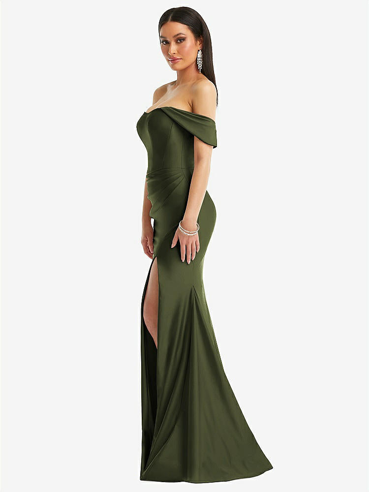 【STYLE: CS101】Off-the-Shoulder Corset Stretch Satin Mermaid Dress with Slight Train【COLOR: Olive Green】