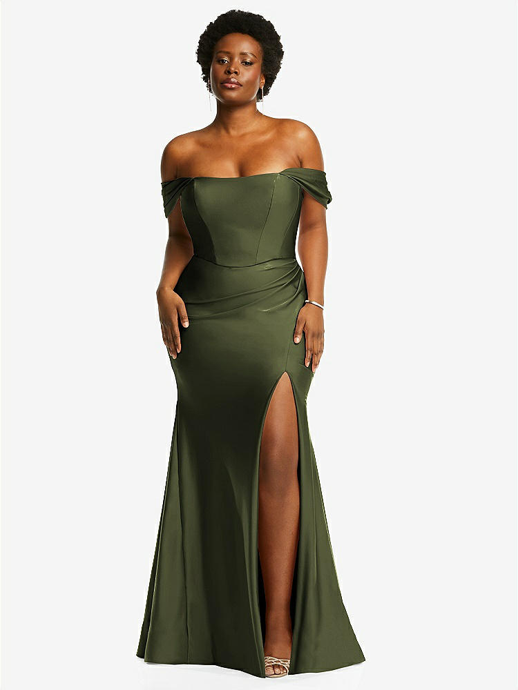 【STYLE: CS101】Off-the-Shoulder Corset Stretch Satin Mermaid Dress with Slight Train【COLOR: Olive Green】
