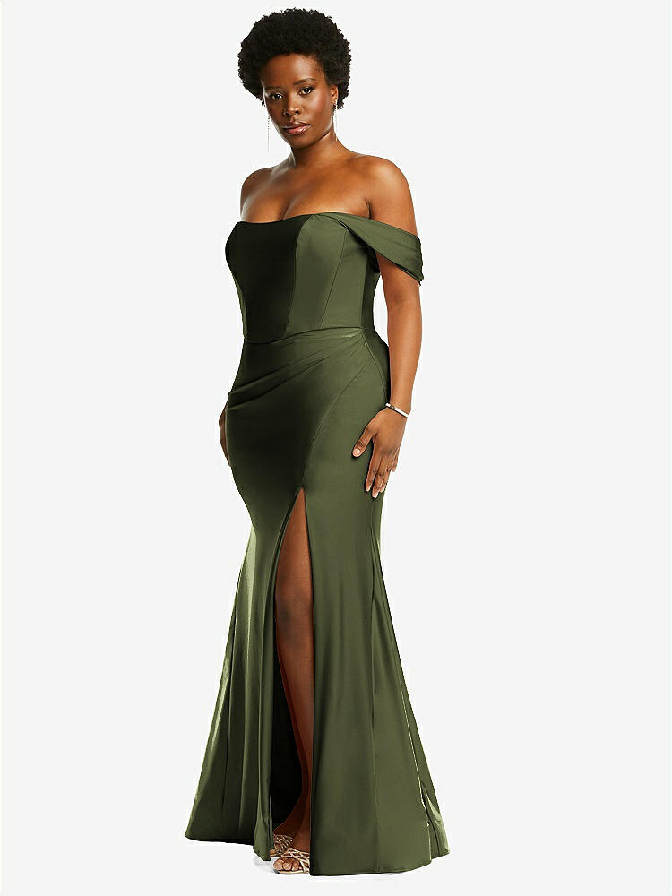 【STYLE: CS101】Off-the-Shoulder Corset Stretch Satin Mermaid Dress with Slight Train【COLOR: Olive Green】