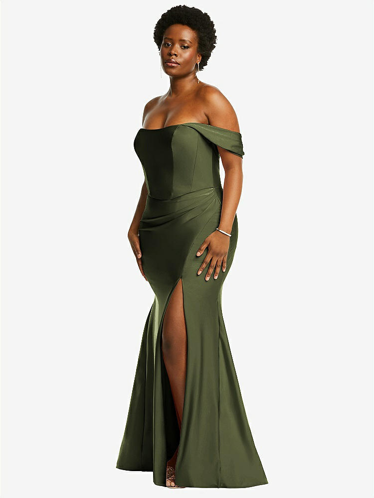 【STYLE: CS101】Off-the-Shoulder Corset Stretch Satin Mermaid Dress with Slight Train【COLOR: Olive Green】