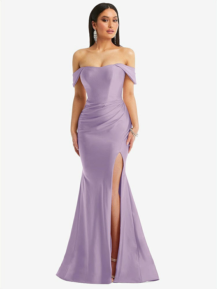 【STYLE: CS101】Off-the-Shoulder Corset Stretch Satin Mermaid Dress with Slight Train【COLOR: Pale Purple】