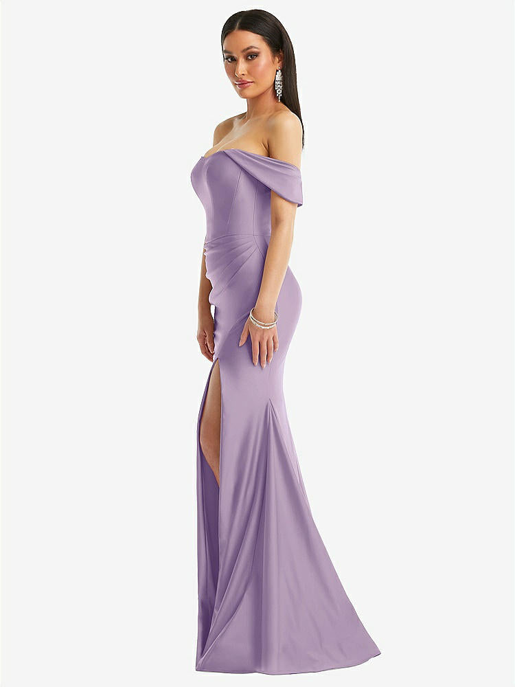 【STYLE: CS101】Off-the-Shoulder Corset Stretch Satin Mermaid Dress with Slight Train【COLOR: Pale Purple】