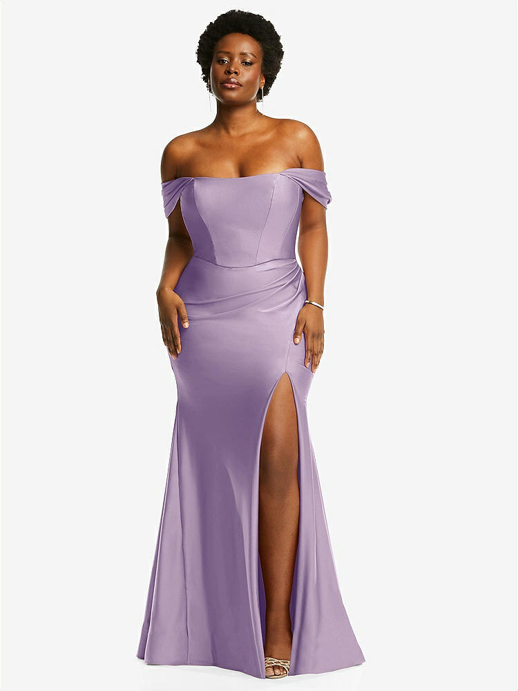 【STYLE: CS101】Off-the-Shoulder Corset Stretch Satin Mermaid Dress with Slight Train【COLOR: Pale Purple】