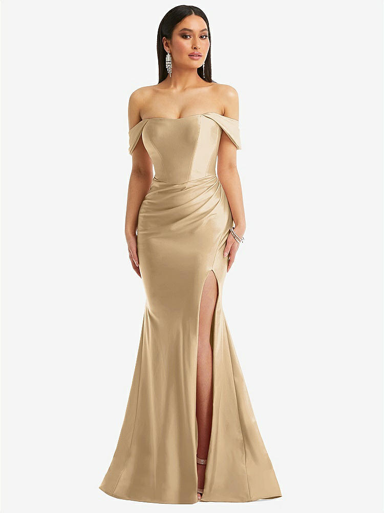 【STYLE: CS101】Off-the-Shoulder Corset Stretch Satin Mermaid Dress with Slight Train【COLOR: Soft Gold】