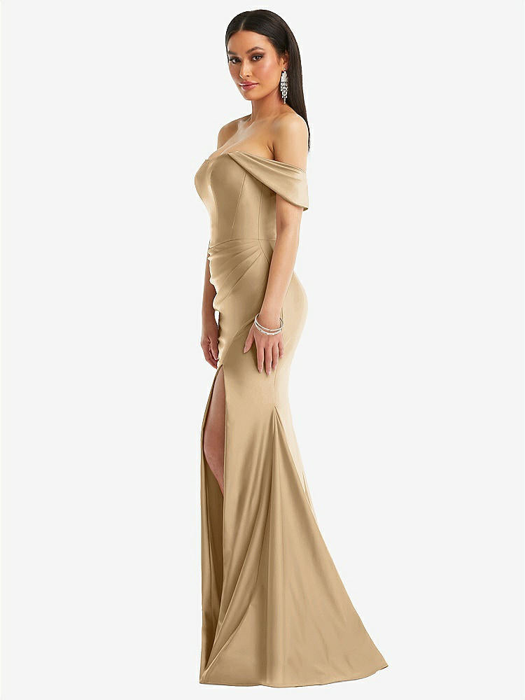【STYLE: CS101】Off-the-Shoulder Corset Stretch Satin Mermaid Dress with Slight Train【COLOR: Soft Gold】