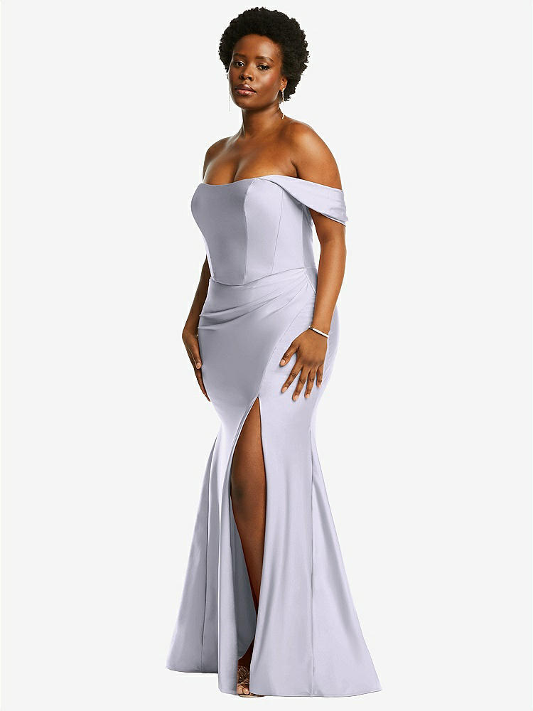 【NEW】【STYLE: CS101】オフサルダー コルセット ストレッチ サテン 人魚 ドレス わずかな 電車【COLOR: Silver Dove】【SIZE: 00-30W】