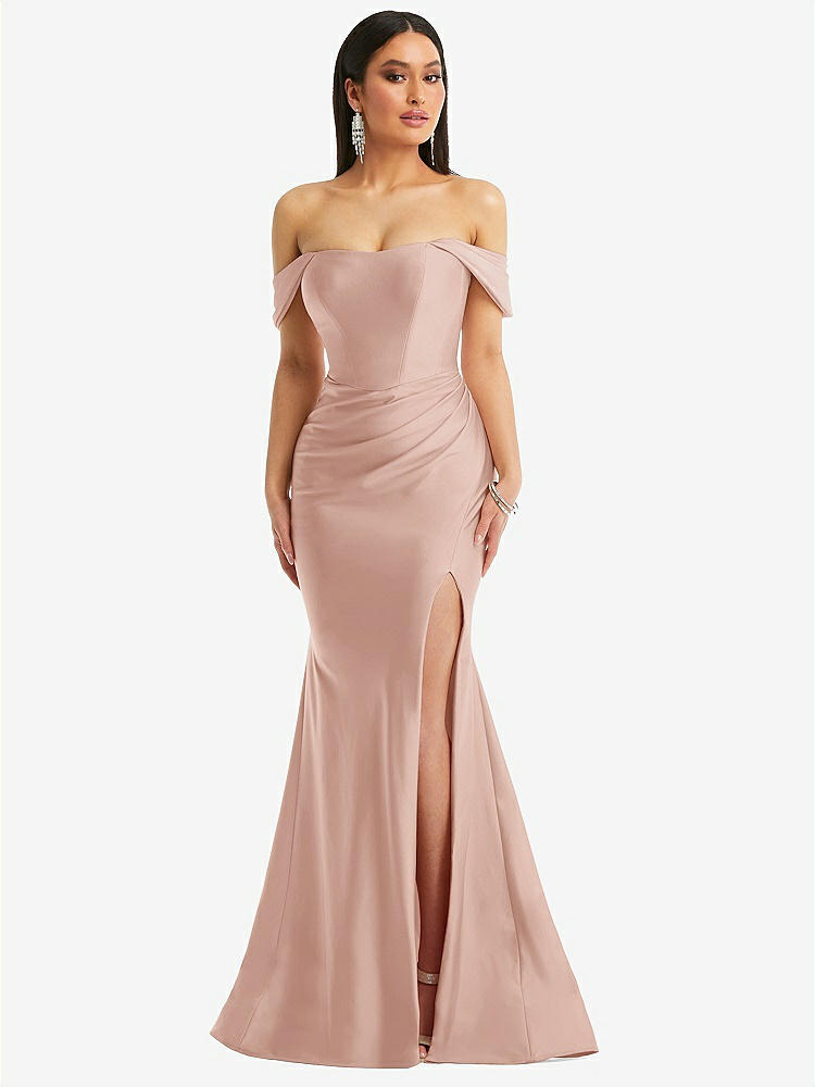 【STYLE: CS101】Off-the-Shoulder Corset Stretch Satin Mermaid Dress with Slight Train【COLOR: Toasted Sugar】