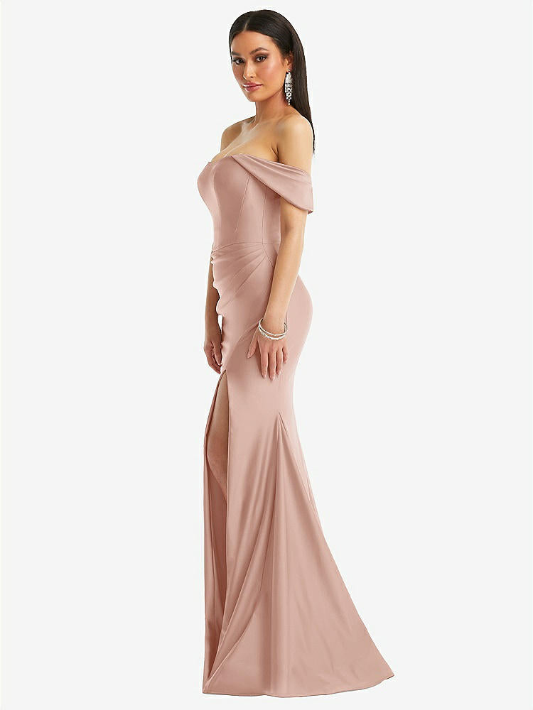 【STYLE: CS101】Off-the-Shoulder Corset Stretch Satin Mermaid Dress with Slight Train【COLOR: Toasted Sugar】