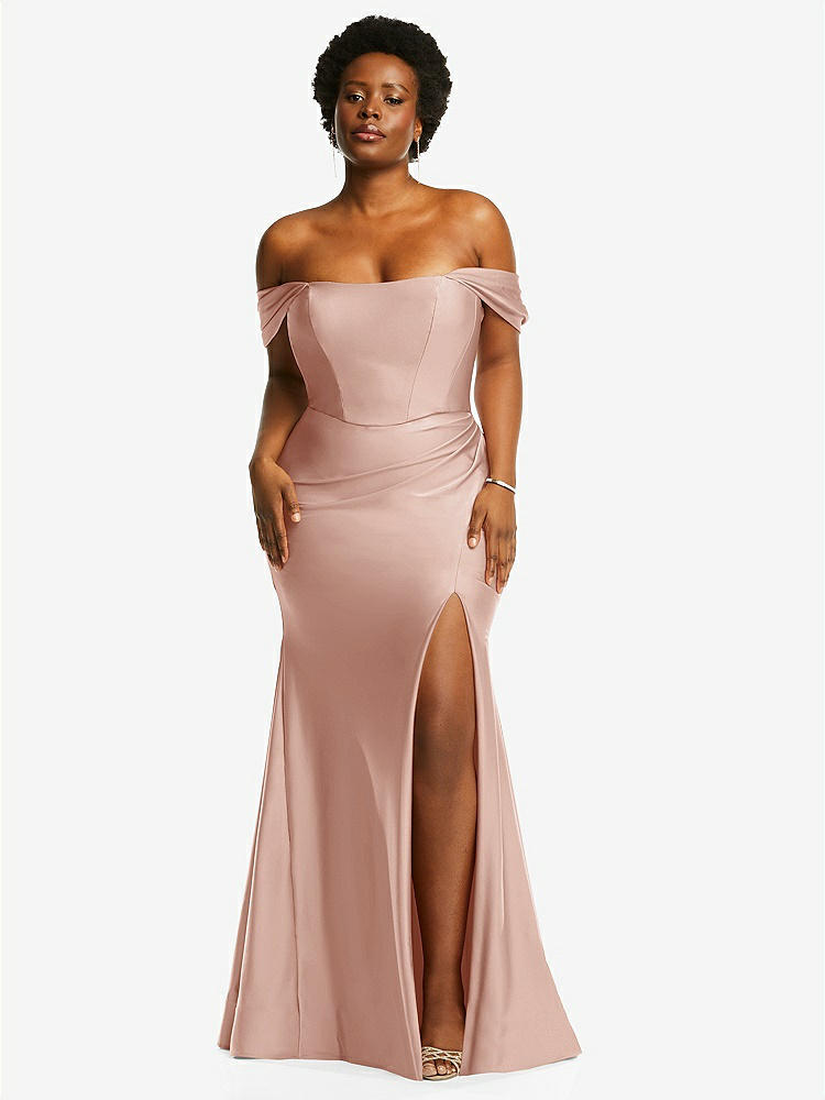 【STYLE: CS101】Off-the-Shoulder Corset Stretch Satin Mermaid Dress with Slight Train【COLOR: Toasted Sugar】