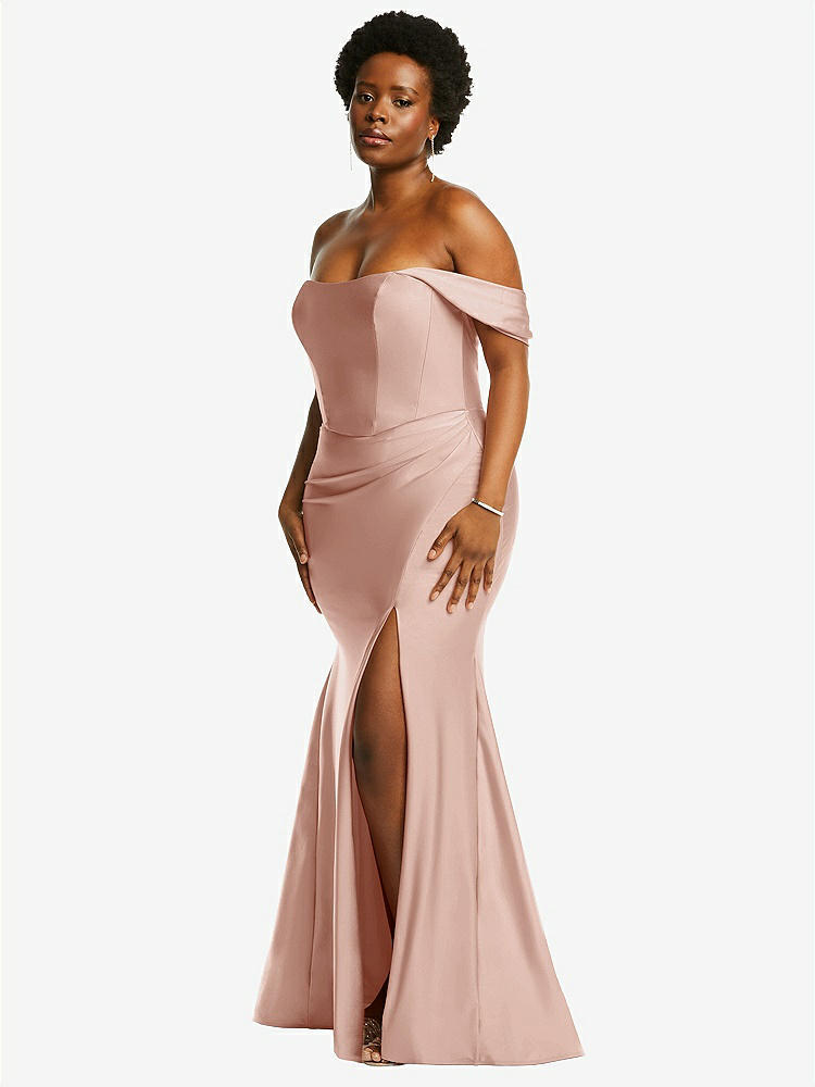 【STYLE: CS101】Off-the-Shoulder Corset Stretch Satin Mermaid Dress with Slight Train【COLOR: Toasted Sugar】