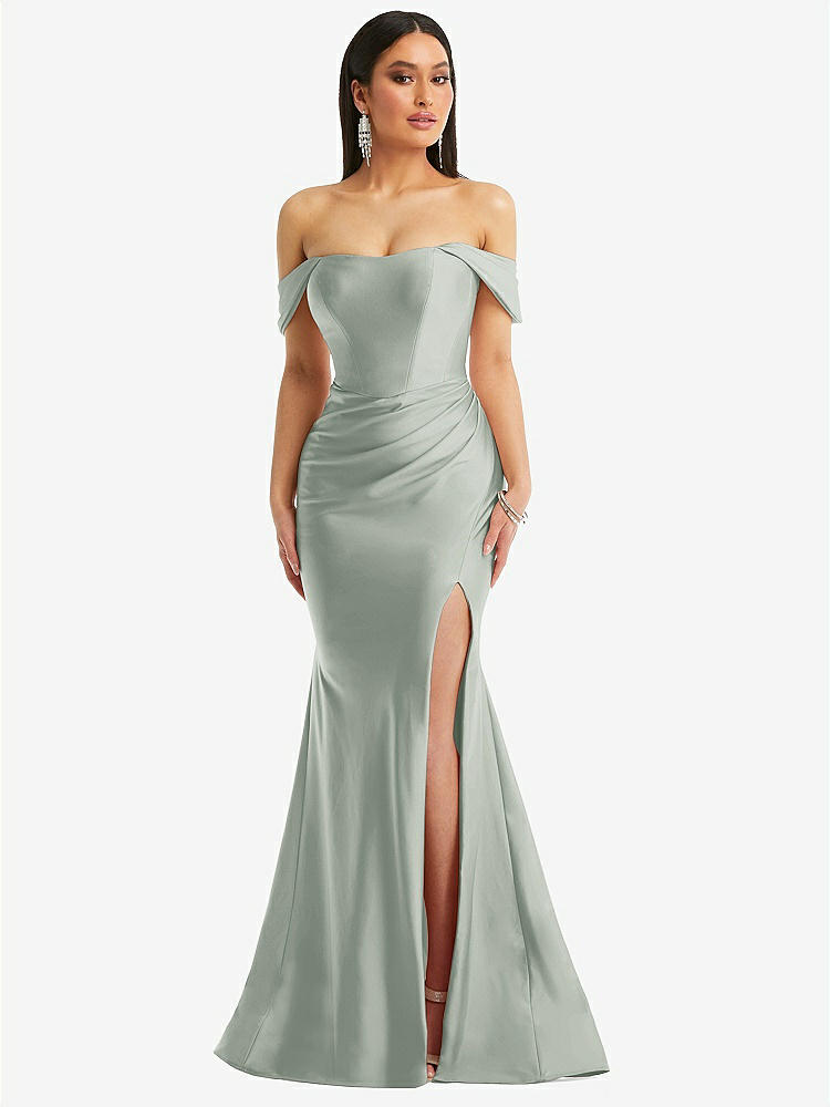 【STYLE: CS101】Off-the-Shoulder Corset Stretch Satin Mermaid Dress with Slight Train【COLOR: Willow Green】