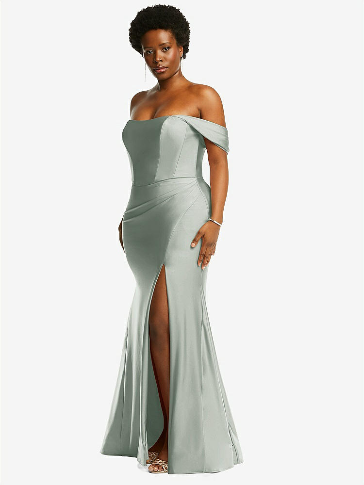 【STYLE: CS101】Off-the-Shoulder Corset Stretch Satin Mermaid Dress with Slight Train【COLOR: Willow Green】