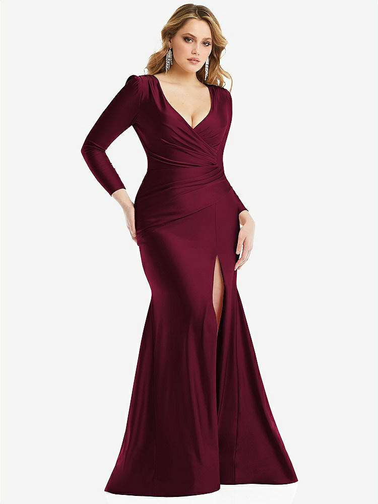 【STYLE: CS102】Long Sleeve Draped Wrap Stretch Satin Mermaid Dress with Slight Train【COLOR: Cabernet】
