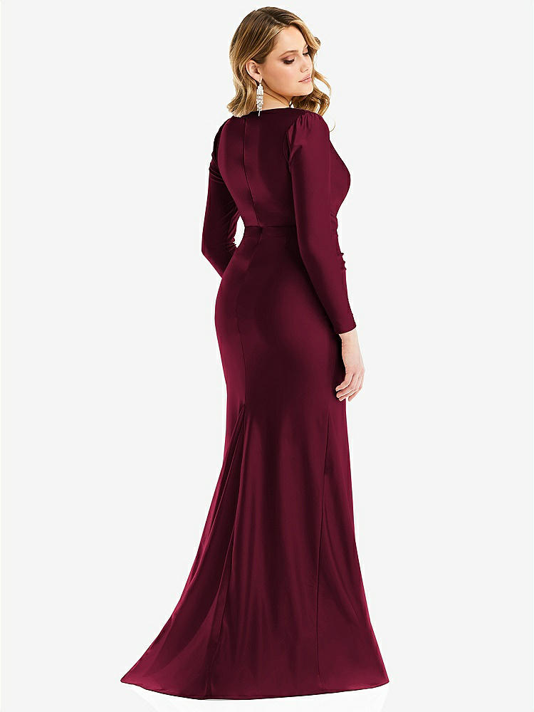 【STYLE: CS102】Long Sleeve Draped Wrap Stretch Satin Mermaid Dress with Slight Train【COLOR: Cabernet】