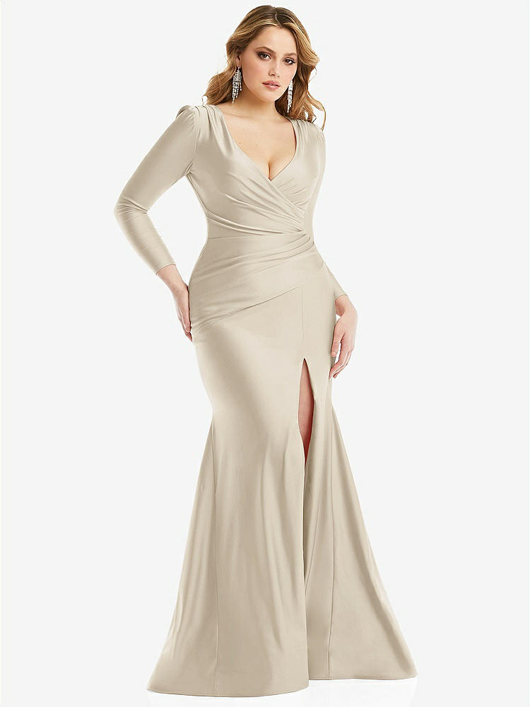 【STYLE: CS102】Long Sleeve Draped Wrap Stretch Satin Mermaid Dress with Slight Train【COLOR: Champagne】