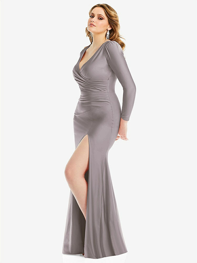 【NEW】【STYLE: CS102】長い 袖 ドレープ ラップ ストレッチ サテン 人魚 ドレス わずかな 電車【COLOR: Cashmere Gray】【SIZE: 00-30W】