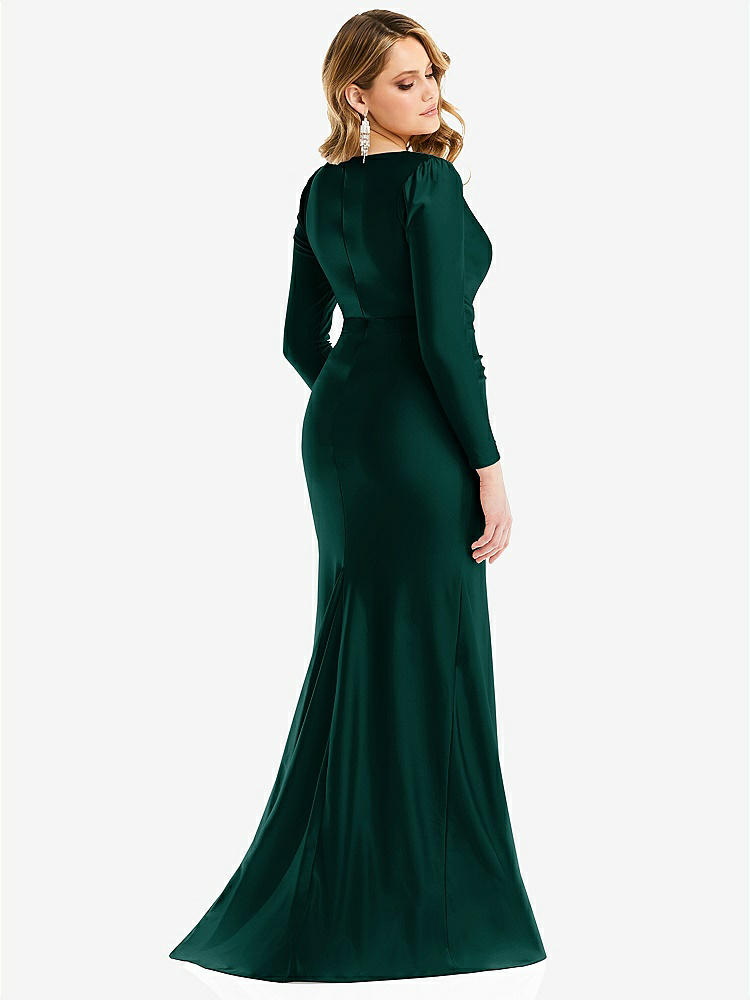 【STYLE: CS102】Long Sleeve Draped Wrap Stretch Satin Mermaid Dress with Slight Train【COLOR: Evergreen】