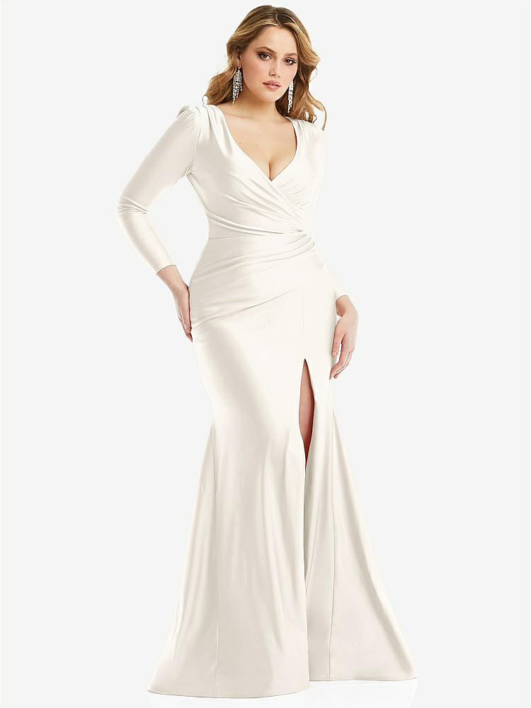 【NEW】【STYLE: CS102】長い 袖 ドレープ ラップ ストレッチ サテン 人魚 ドレス わずかな 電車【COLOR: Ivory】【SIZE: 00-30W】