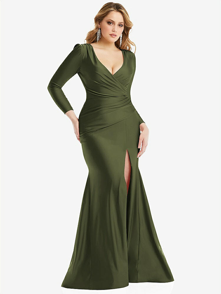 【STYLE: CS102】Long Sleeve Draped Wrap Stretch Satin Mermaid Dress with Slight Train【COLOR: Olive Green】