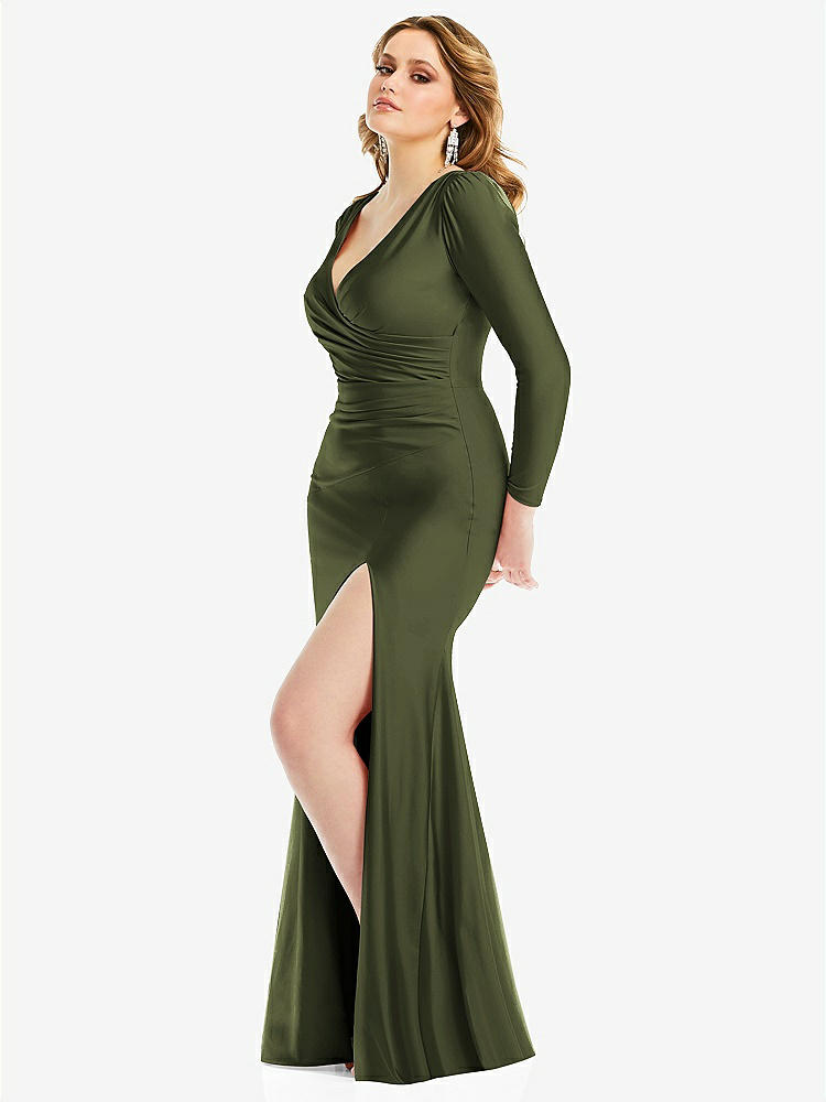 【STYLE: CS102】Long Sleeve Draped Wrap Stretch Satin Mermaid Dress with Slight Train【COLOR: Olive Green】
