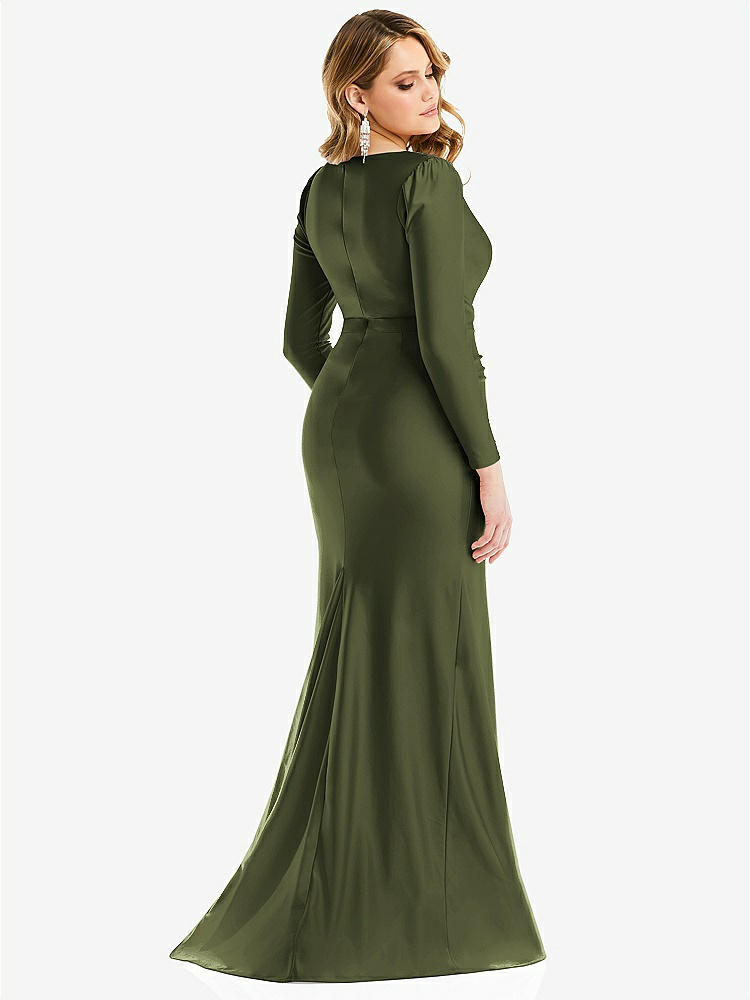 【STYLE: CS102】Long Sleeve Draped Wrap Stretch Satin Mermaid Dress with Slight Train【COLOR: Olive Green】