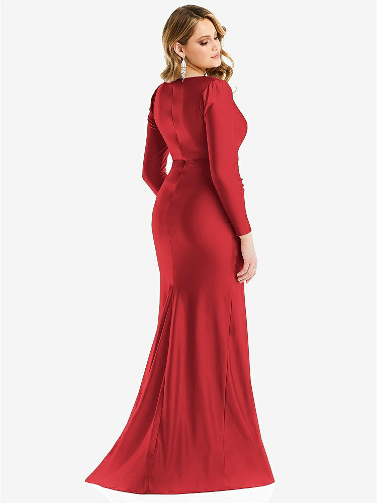 【STYLE: CS102】Long Sleeve Draped Wrap Stretch Satin Mermaid Dress with Slight Train【COLOR: Poppy Red】