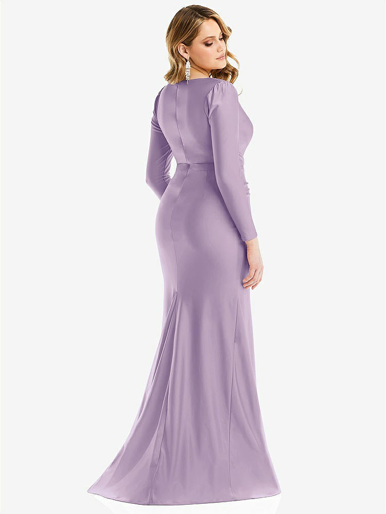 【STYLE: CS102】Long Sleeve Draped Wrap Stretch Satin Mermaid Dress with Slight Train【COLOR: Pale Purple】