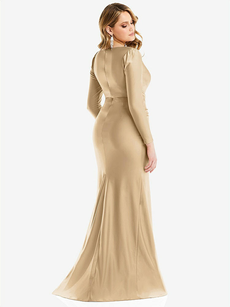 【STYLE: CS102】Long Sleeve Draped Wrap Stretch Satin Mermaid Dress with Slight Train【COLOR: Soft Gold】