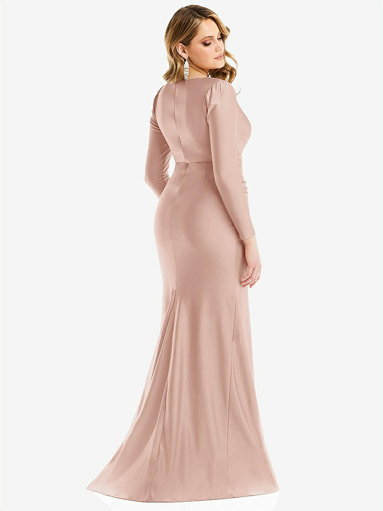 【STYLE: CS102】Long Sleeve Draped Wrap Stretch Satin Mermaid Dress with Slight Train【COLOR: Toasted Sugar】