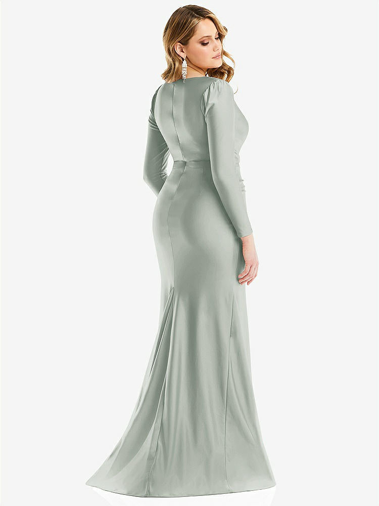 【STYLE: CS102】Long Sleeve Draped Wrap Stretch Satin Mermaid Dress with Slight Train【COLOR: Willow Green】