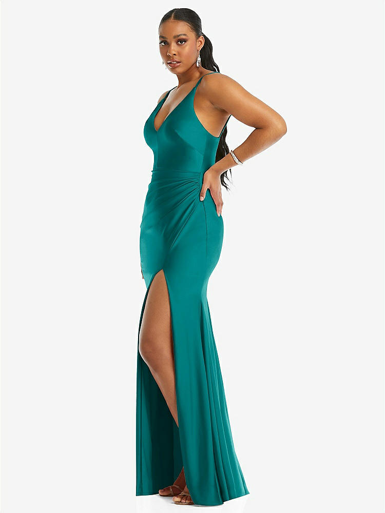 【STYLE: CS103】Deep V-Neck Stretch Satin Mermaid Dress with Slight Train【COLOR: Peacock Teal】