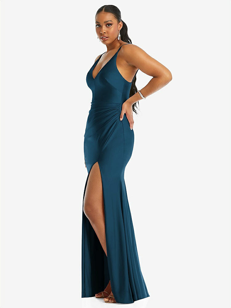 【STYLE: CS103】Deep V-Neck Stretch Satin Mermaid Dress with Slight Train【COLOR: Atlantic Blue】