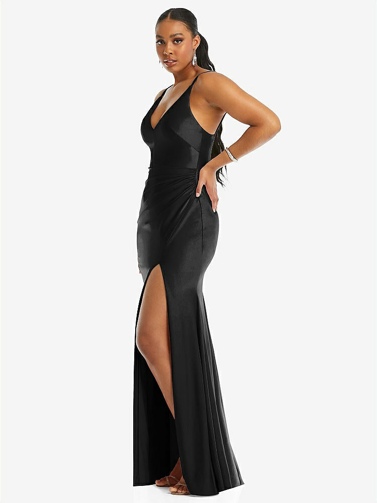 【STYLE: CS103】Deep V-Neck Stretch Satin Mermaid Dress with Slight Train【COLOR: Black】