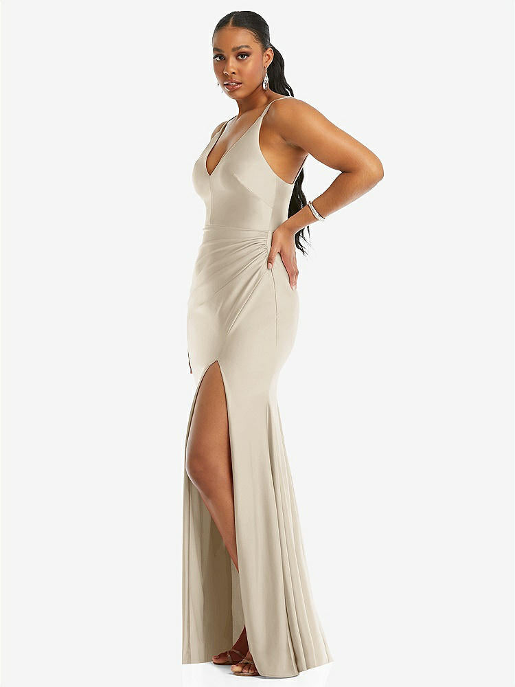 【STYLE: CS103】Deep V-Neck Stretch Satin Mermaid Dress with Slight Train【COLOR: Champagne】