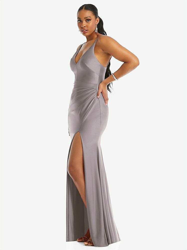 【NEW】【STYLE: CS103】深い Vネック ストレッチ サテン 人魚 ドレス わずかな 電車【COLOR: Cashmere Gray】【SIZE: 00-30W】