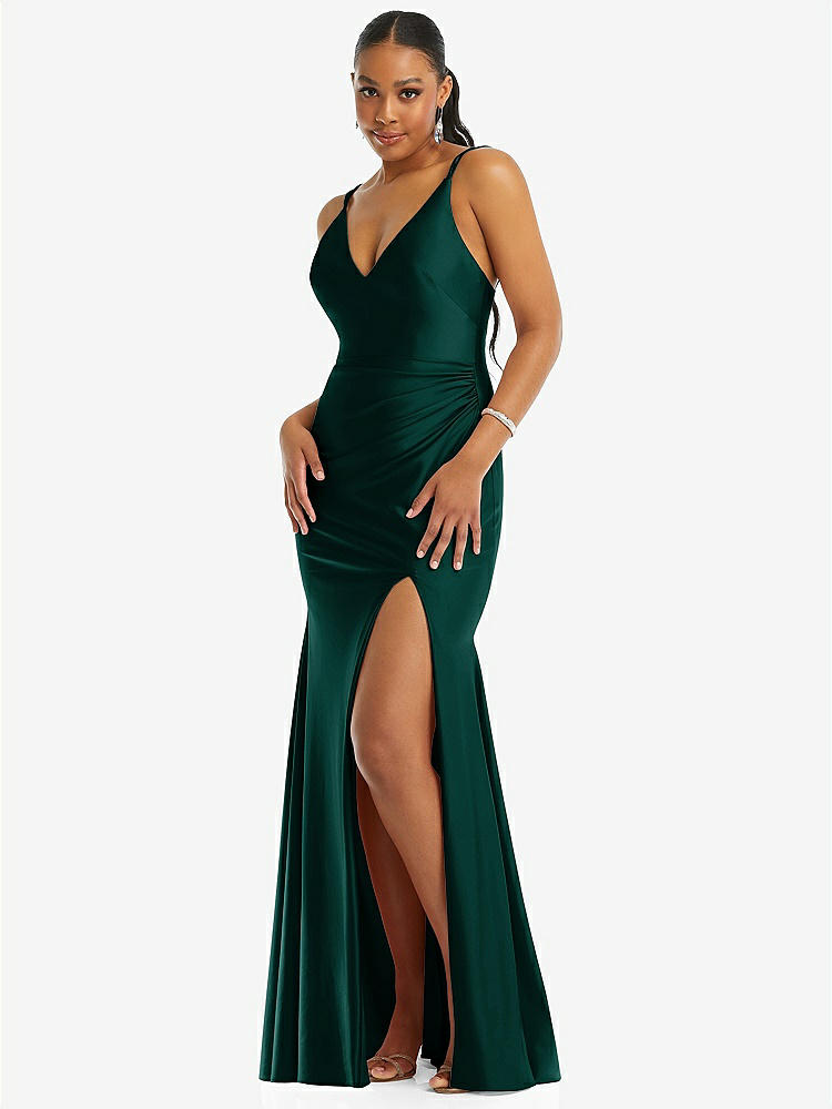 【STYLE: CS103】Deep V-Neck Stretch Satin Mermaid Dress with Slight Train【COLOR: Evergreen】