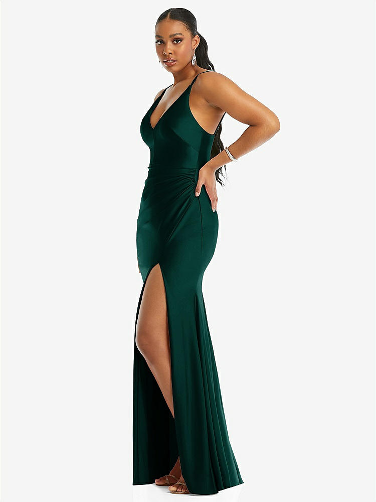 【STYLE: CS103】Deep V-Neck Stretch Satin Mermaid Dress with Slight Train【COLOR: Evergreen】