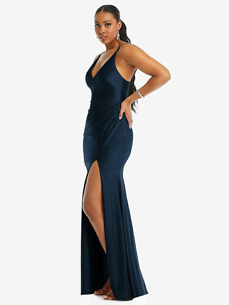 【STYLE: CS103】Deep V-Neck Stretch Satin Mermaid Dress with Slight Train【COLOR: Midnight Navy】