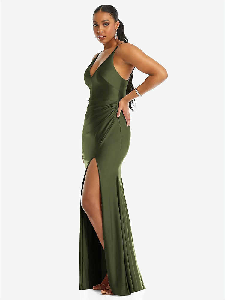 【STYLE: CS103】Deep V-Neck Stretch Satin Mermaid Dress with Slight Train【COLOR: Olive Green】