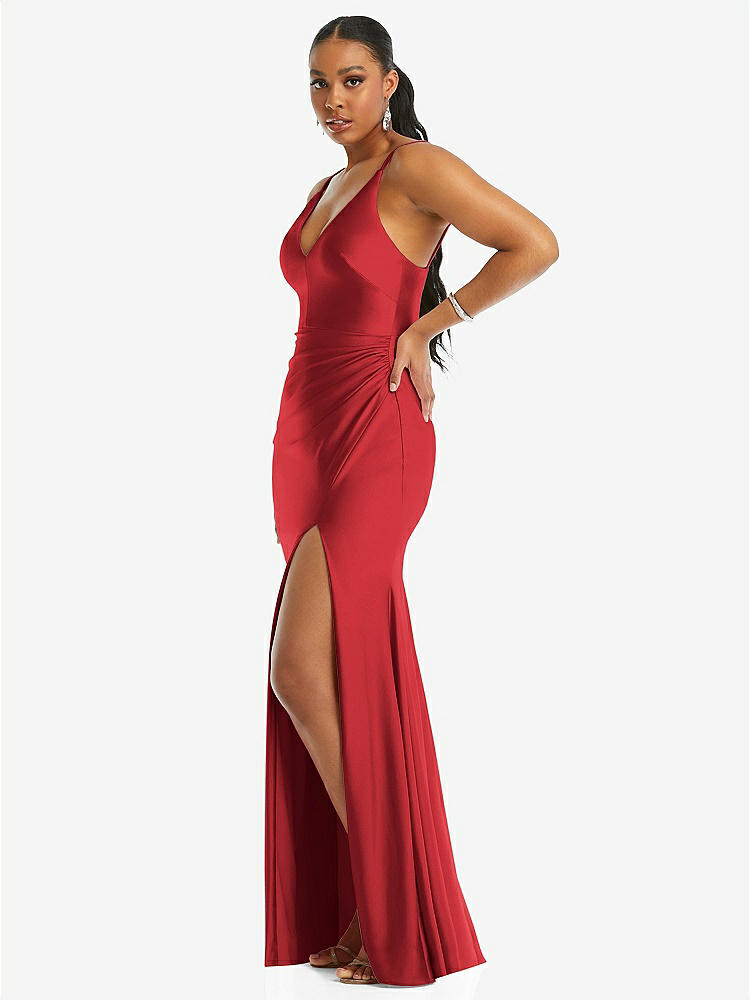 【STYLE: CS103】Deep V-Neck Stretch Satin Mermaid Dress with Slight Train【COLOR: Poppy Red】