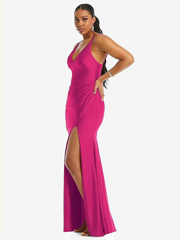 【STYLE: CS103】Deep V-Neck Stretch Satin Mermaid Dress with Slight Train【COLOR: Think Pink】