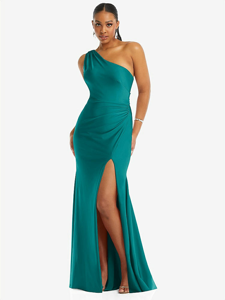 【STYLE: CS104】One-Shoulder Asymmetrical Cowl Back Stretch Satin Mermaid Dress【COLOR: Peacock Teal】