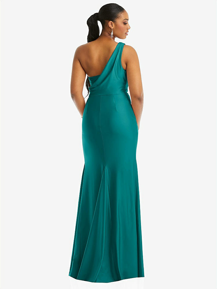 【STYLE: CS104】One-Shoulder Asymmetrical Cowl Back Stretch Satin Mermaid Dress【COLOR: Peacock Teal】